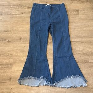 Women’s Dark Blue Flare Jeans with Frayed Hem